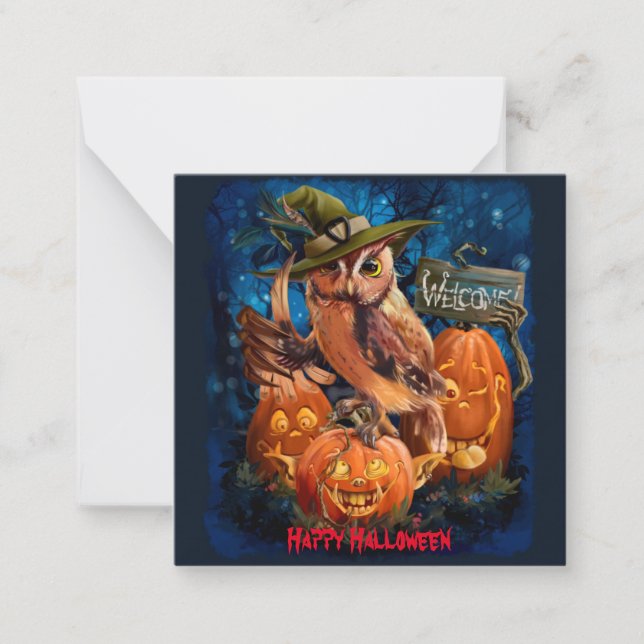 The owl in the magic hat and her pumpkins friends	 card (Front)