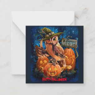 The owl in the magic hat and her pumpkins friends card