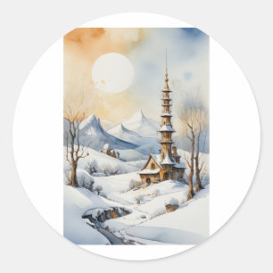 The Pagoda's Silent Moon Descent Sticker