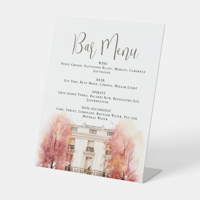 The Parisienne Wedding Bar Menu Pedestal Sign (Front)