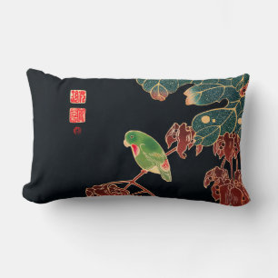 The Paroquet Vintage Bird Japanese Woodblock Print Lumbar Cushion