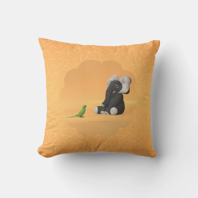 The parrot meets a stuffed elephant throw pillow (Front)