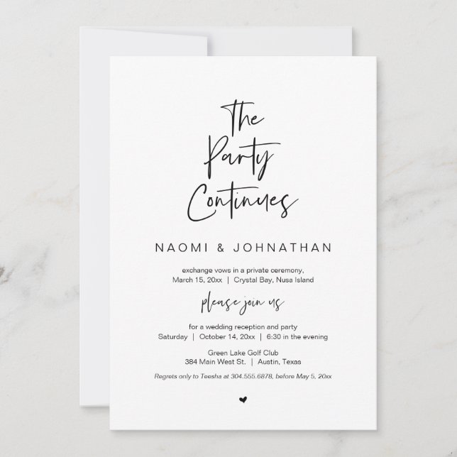 The Party Continues, Black, Wedding Elopement Invitation (Front)