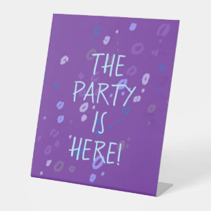 "The Party Is Here!" Purple Leopard Print Party Pedestal Sign