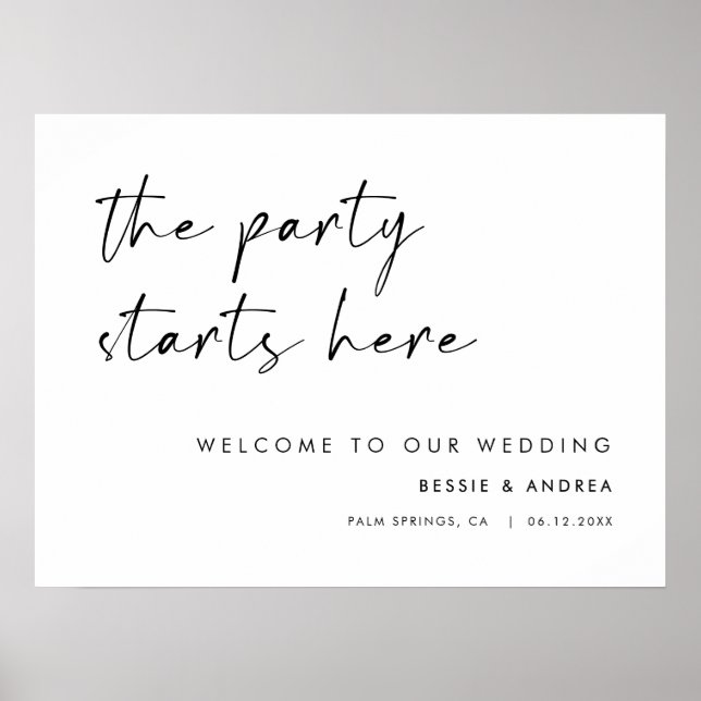 The Party Starts Here Modern Style Wedding Welcome Poster (Front)