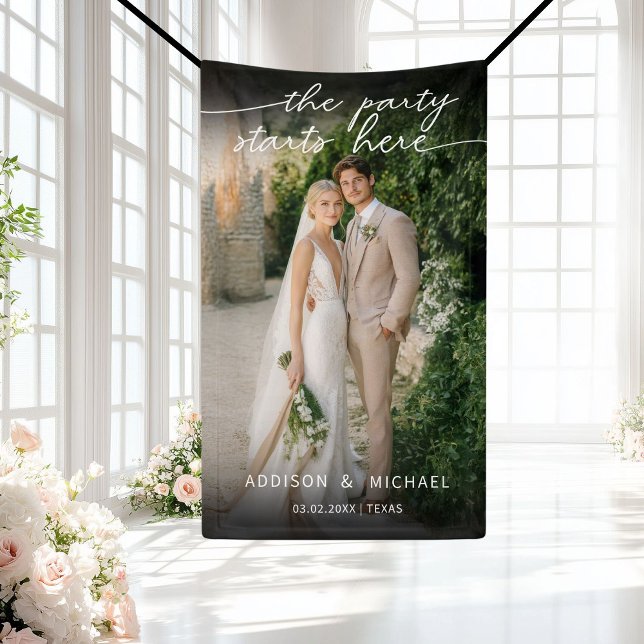 THE PARTY STARTS HERE! Photo Wedding Banner (THE PARTY STARTS HERE! Photo Banner, with a soft black overlay. Edit with your photo, names and date)