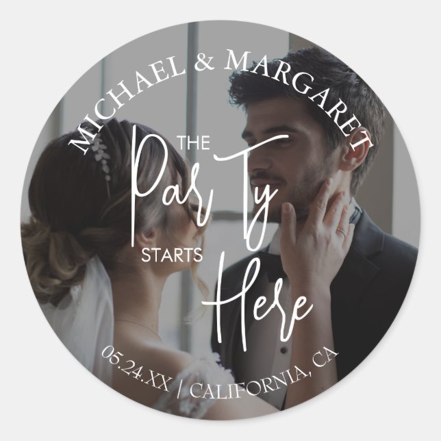 The Party Starts Here Rehearsal Dinner Photo Classic Round Sticker (Front)