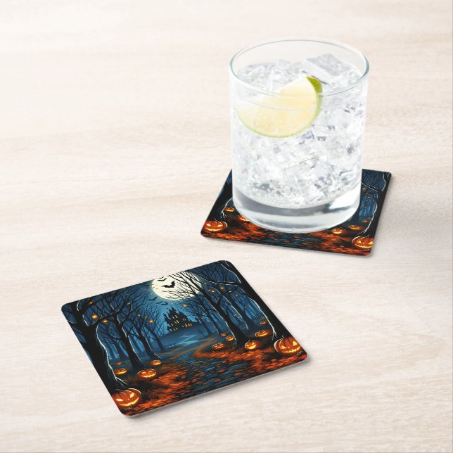 The path of the haunted forest - Halloween Square Paper Coaster (Insitu)