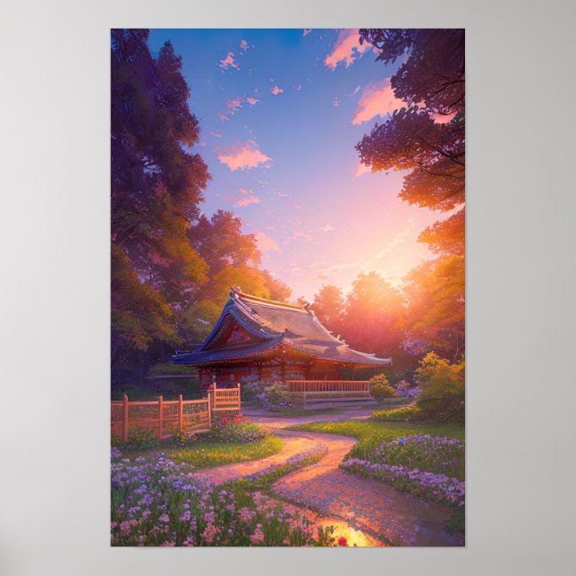 The Peaceful Wooden House at Sunset Poster (Front)