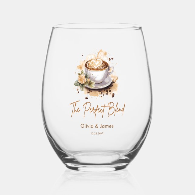 The Perfect Blend Coffee Wedding Couples Shower   Stemless Wine Glass (Front)