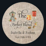 The Perfect Blend Rustic Whimsical Wedding Coffee  Classic Round Sticker<br><div class="desc">The Perfect Blend Whimsical Wedding Favour design featuring a coffee beans ,  cups and  Espresso maker. the templates are set up ready for you to customise and personalised with the bride and grooms name and the date of the wedding . Matching stationery and gifts available .</div>