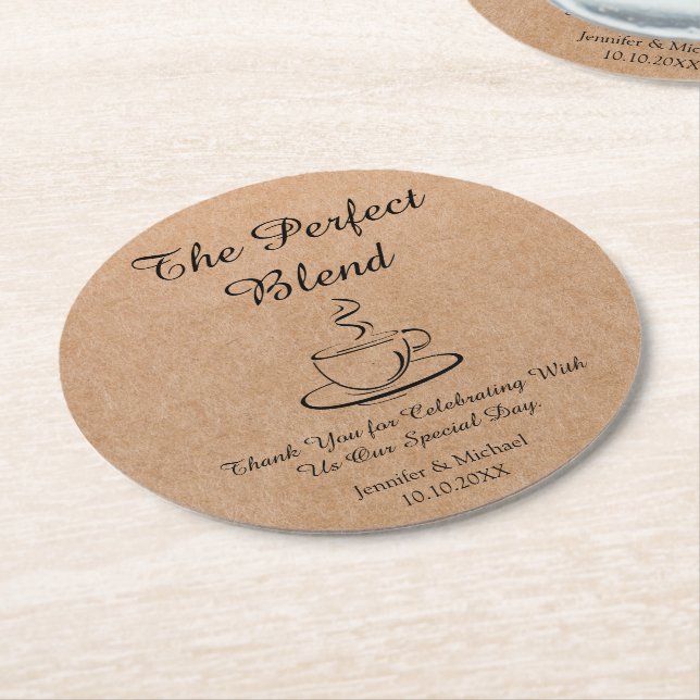 the perfect blend ,wedding thank you kraft round paper coaster (Angled)
