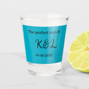 The perfect match couple name letter date blue sim shot glass