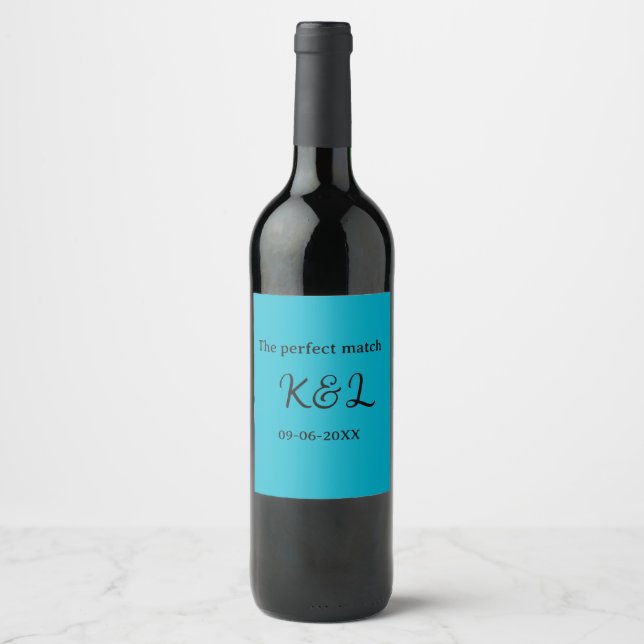 The perfect match couple name letter date blue sim wine label (Front)