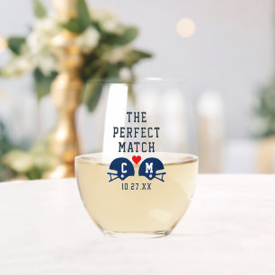 The Perfect Match Football Wedding Monogram Stemless Wine Glass