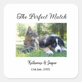 the perfect match pets photo wedding date simple square sticker