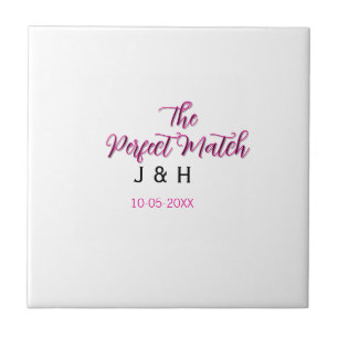The perfect match pink black name date wedding cou ceramic tile