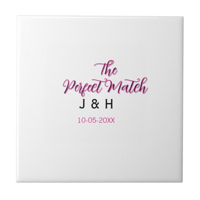 The perfect match pink black name date wedding cou ceramic tile (Front)