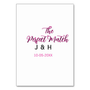 The perfect match pink black name date wedding cou table number