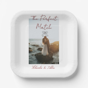 The perfect match wedding couple photo retro mauve paper plate