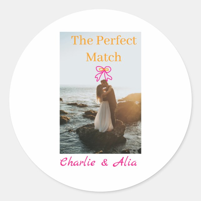 The perfect match wedding couple photo retro pink  classic round sticker (Front)