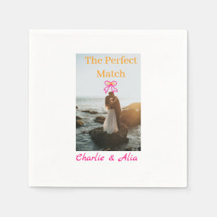 The perfect match wedding couple photo retro pink  napkin