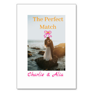 The perfect match wedding couple photo retro pink  table number