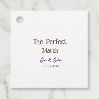 the perfect match wedding grey name date blue favour tags