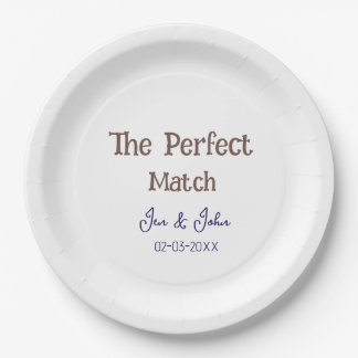 the perfect match wedding grey name date blue paper plate