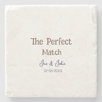 the perfect match wedding grey name date blue stone coaster