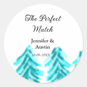 The perfect match winter blue pine tree wedding na classic round sticker