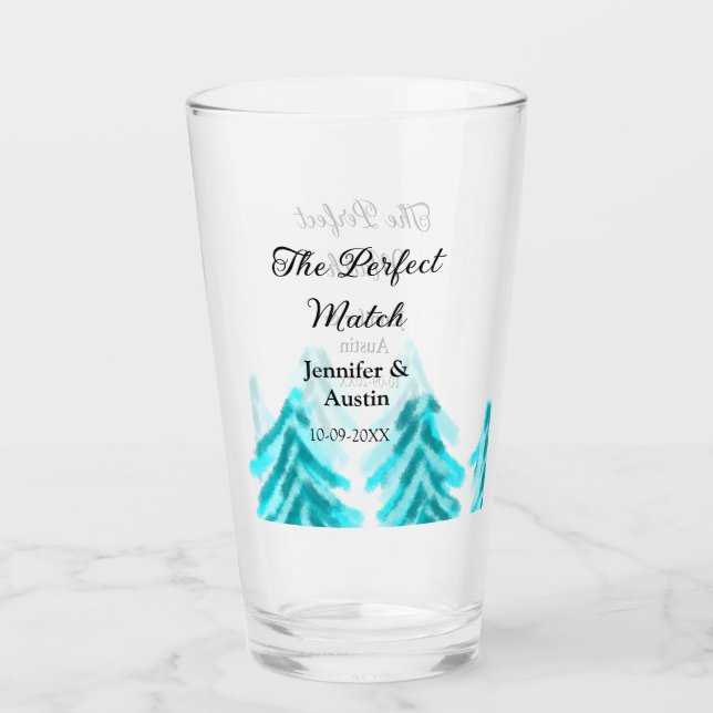 The perfect match winter blue pine tree wedding na glass (Front)