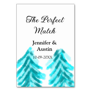 The perfect match winter blue pine tree wedding na table number