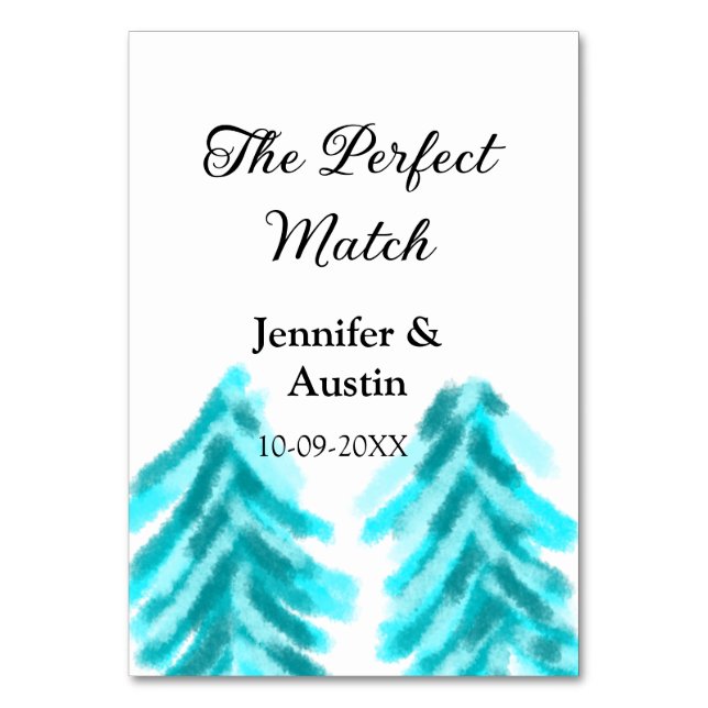 The perfect match winter blue pine tree wedding na table number (Front)