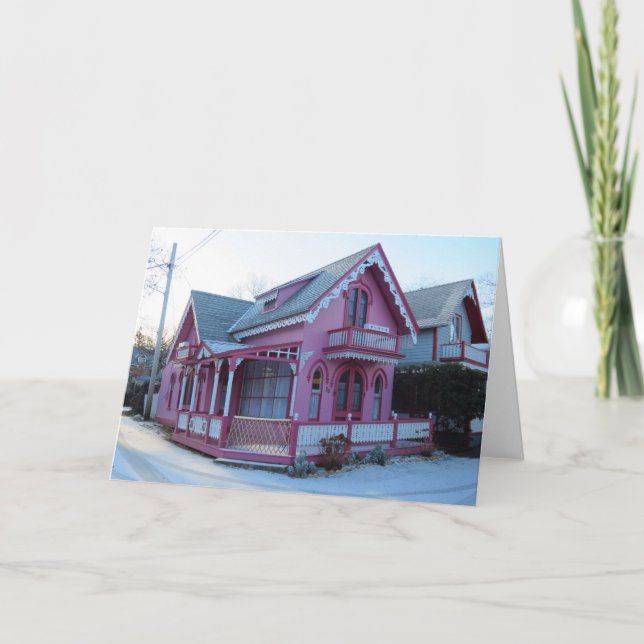 The Pink House in Snow - Martha's Vineyard Card (Front)