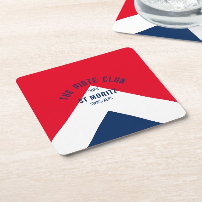 The Piste Club Navy Red Custom Winter Ski Party Square Paper Coaster (Angled)