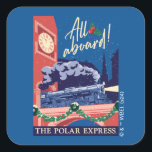 The Polar Express - All Aboard! Square Sticker<br><div class="desc">The Polar Express | Check out this vintage style train graphic of The Polar Express crossing through the clock tower to the North Pole!</div>