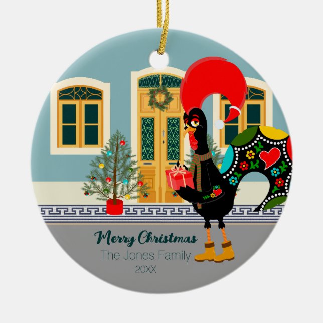 The Portuguese Rooster with a Christmas present Ceramic Ornament (Front)