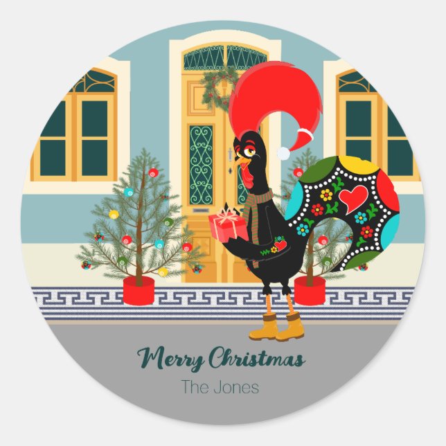 The Portuguese Rooster with a Christmas present Classic Round Sticker (Front)