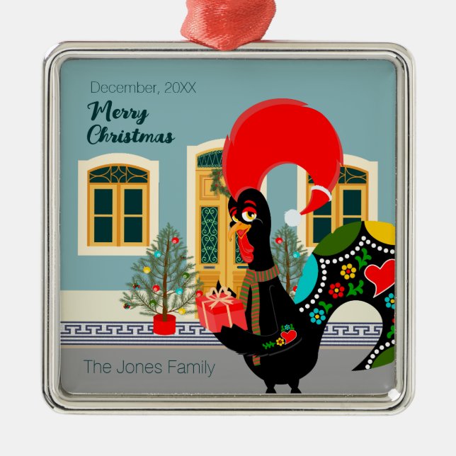The Portuguese Rooster with a Christmas present Metal Ornament (Front)