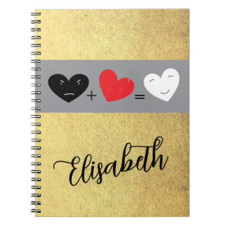 the power of love black, red, white hearts on gold notebook
