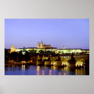 The Prague Castle and the Charles Bridge at Dusk Poster