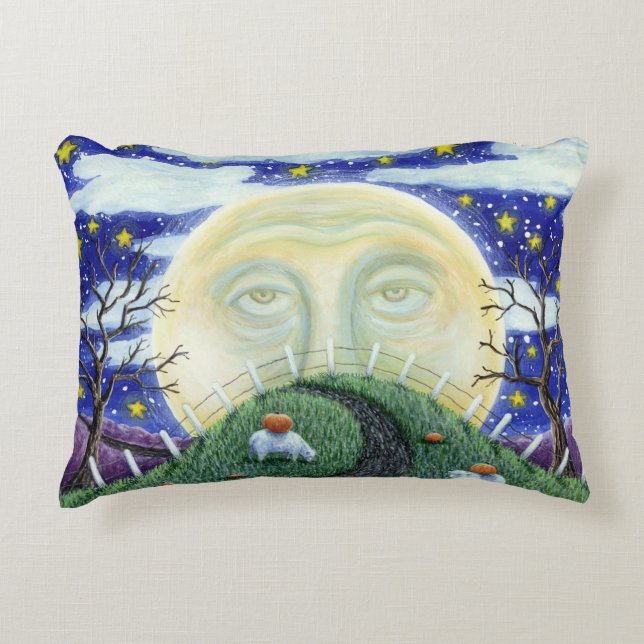 THE PUMPKIN MAN MEETING MAN IN THE MOON, HALLOWEEN DECORATIVE CUSHION (Front)