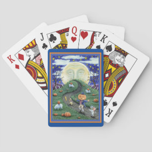 THE PUMPKIN MAN MEETING MAN IN THE MOON, HALLOWEEN PLAYING CARDS