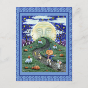 THE PUMPKIN MAN MEETING MAN IN THE MOON, HALLOWEEN POSTCARD