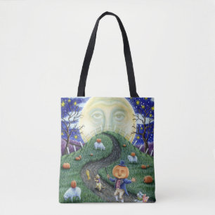 THE PUMPKIN MAN MEETING MAN IN THE MOON, HALLOWEEN TOTE BAG