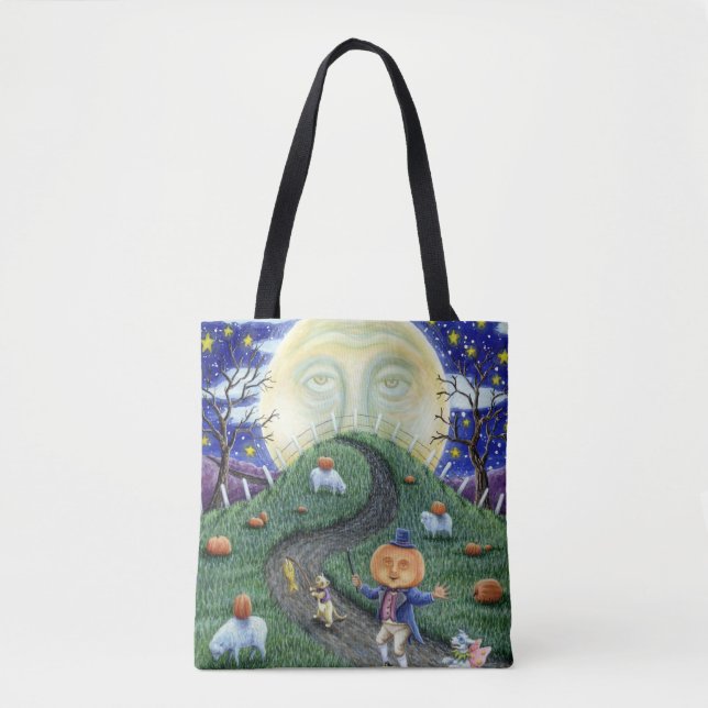 THE PUMPKIN MAN MEETING MAN IN THE MOON, HALLOWEEN TOTE BAG (Front)