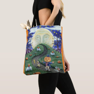 THE PUMPKIN MAN MEETING MAN IN THE MOON, HALLOWEEN TOTE BAG