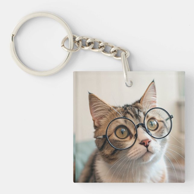 The Purr-fessor: A Scholarly Cat in Glasses Key Ring (Front)