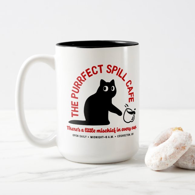 The Purrfect Spill Cafe 15 oz. Two-Tone Coffee Mug (With Donut)